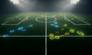 A floodlit football pitch overlaid with glowing neon tactical diagrams and player movement markers, representing AI-powered match analysis.