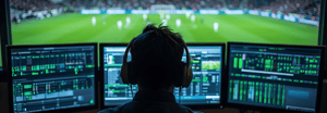 A silhouetted operator wearing headphones monitors multiple data screens in a control room, with a live football match displayed on a large screen overhead.